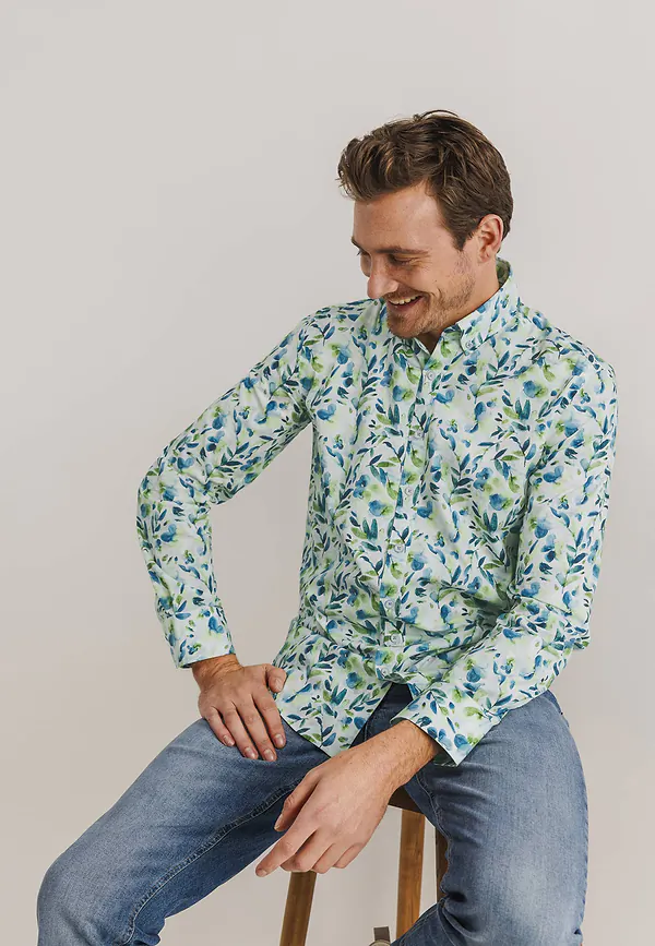 state of art Overhemd met botanische print wit/grijsblauw
