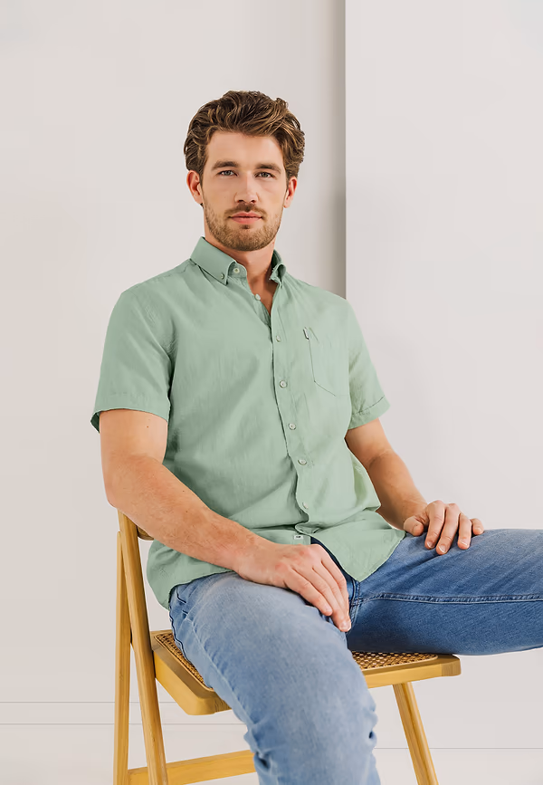 state of art Oxford overhemd met korte mouwen bladgroen/wit