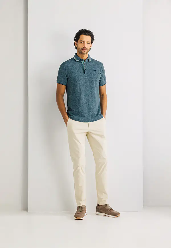 State Of Art Oxford Piqué Polo Met Streepdetails Donkerblauw/mintblauw