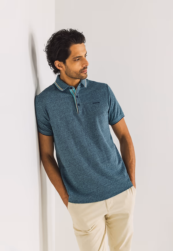 state of art Oxford piqué polo met streepdetails donkerblauw/mintblauw