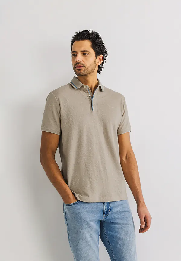 state of art Oxford piqué polo met streepdetails kit/beige