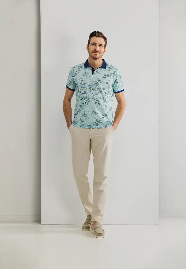 State Of Art Piqué Polo Met Digitale Print Mintblauw/wit