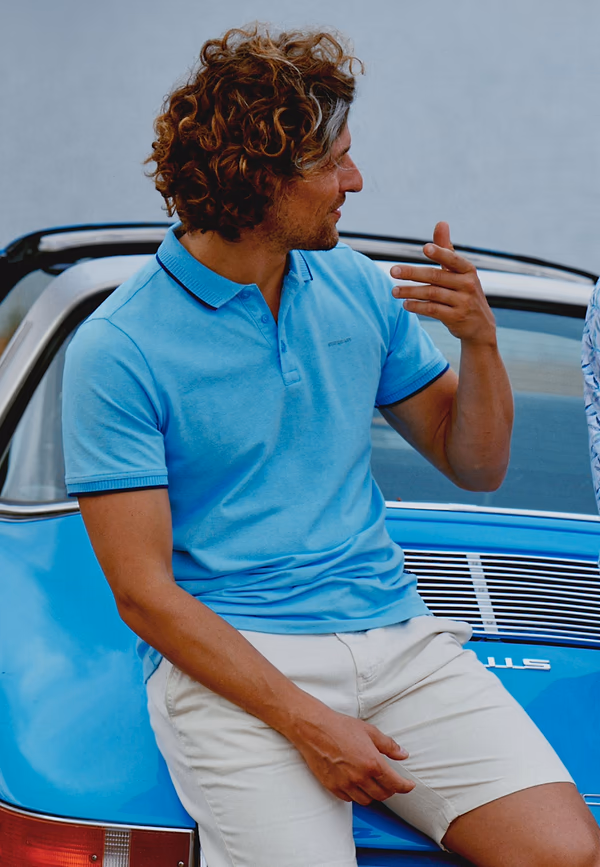 state of art Piqué polo met gemêleerd dessin middenblauw uni