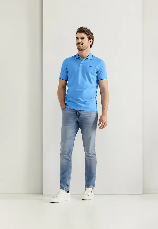 State Of Art Piqué Polo Met Streepdetails Middenblauw Uni