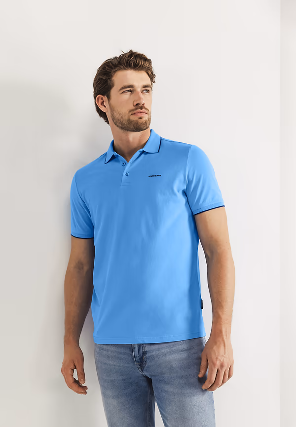 state of art Piqué polo met streepdetails middenblauw uni