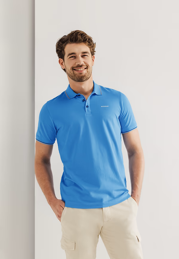 state of art Piqué polo van een katoenmix middenblauw uni