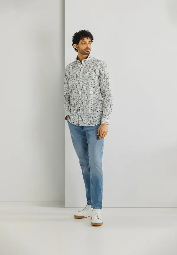 State Of Art Poplin Overhemd Met Botanische Print Wit/mintblauw