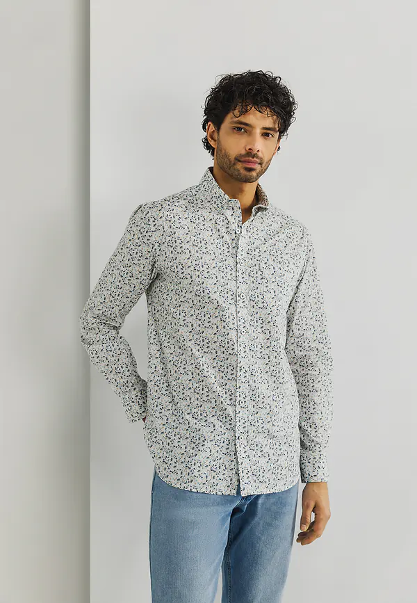 state of art Poplin overhemd met botanische print wit/mintblauw