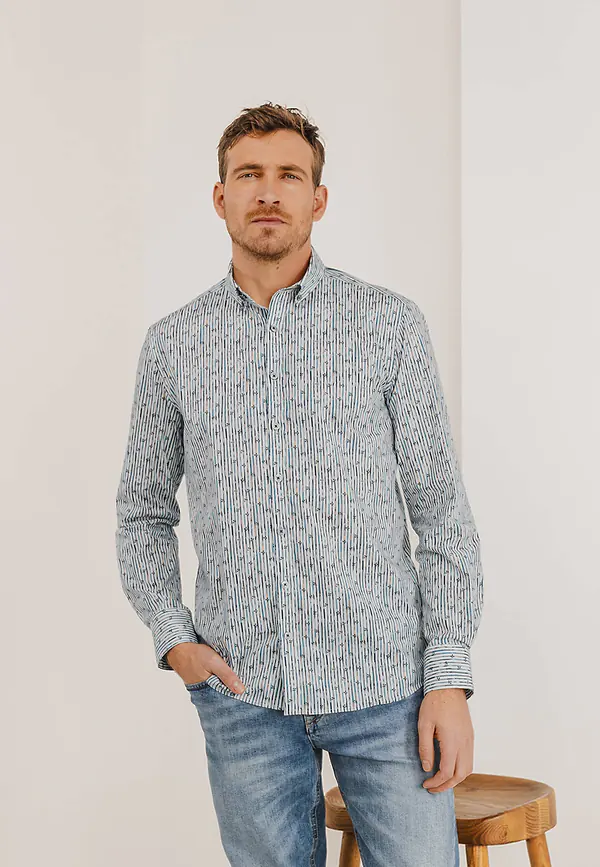 state of art Poplin overhemd met streepdessin wit/grijsblauw