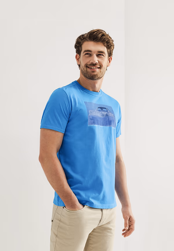state of art Single jersey T-shirt met print op de borst middenblauw uni