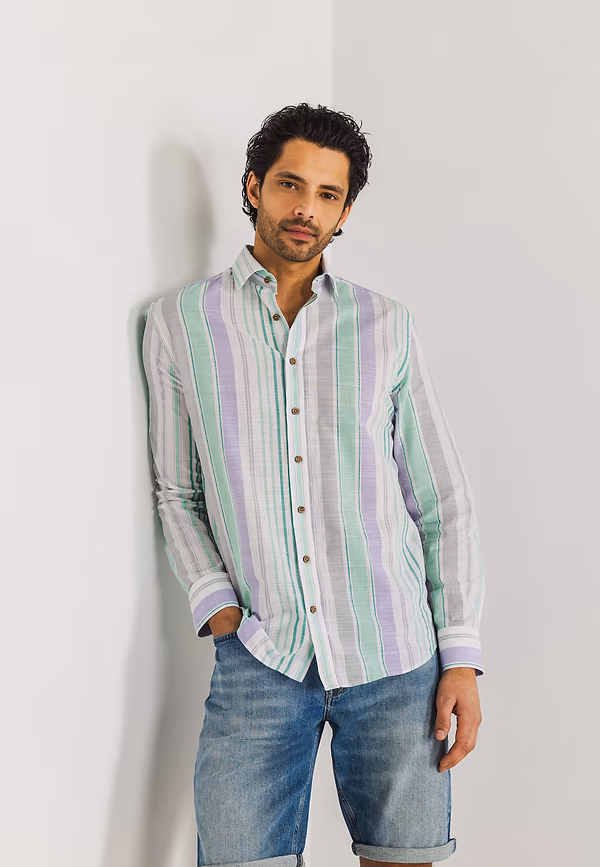 State Of Art Slub Overhemd Van Biologisch Katoen Wit/grijsblauw