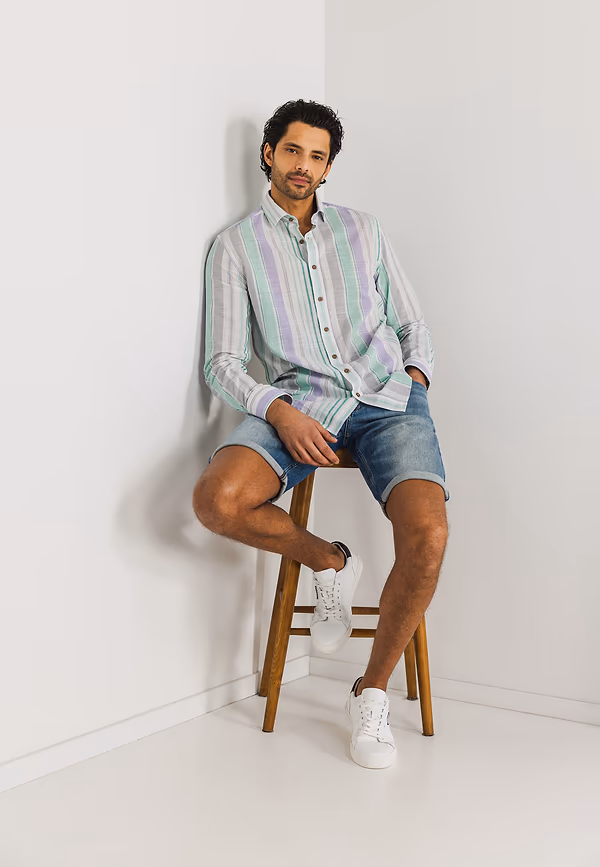 state of art Slub overhemd van biologisch katoen wit/grijsblauw