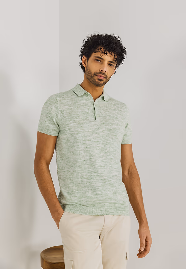 State Of Art Gebreide Polo Gemêleerd Bladgroen/wit