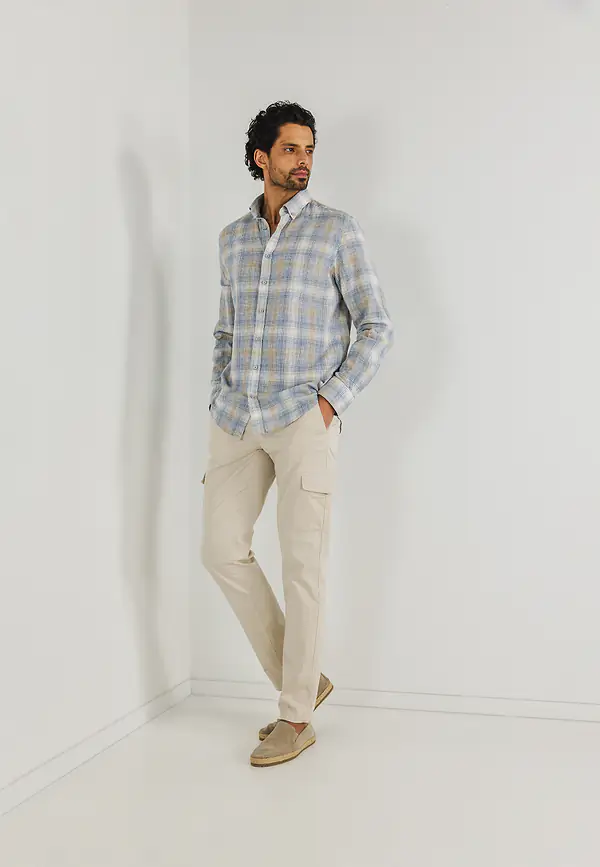 State Of Art Geruit Overhemd Met Linnen Wit/beige