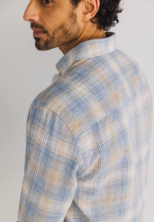 State Of Art Geruit Overhemd Met Linnen Wit/beige