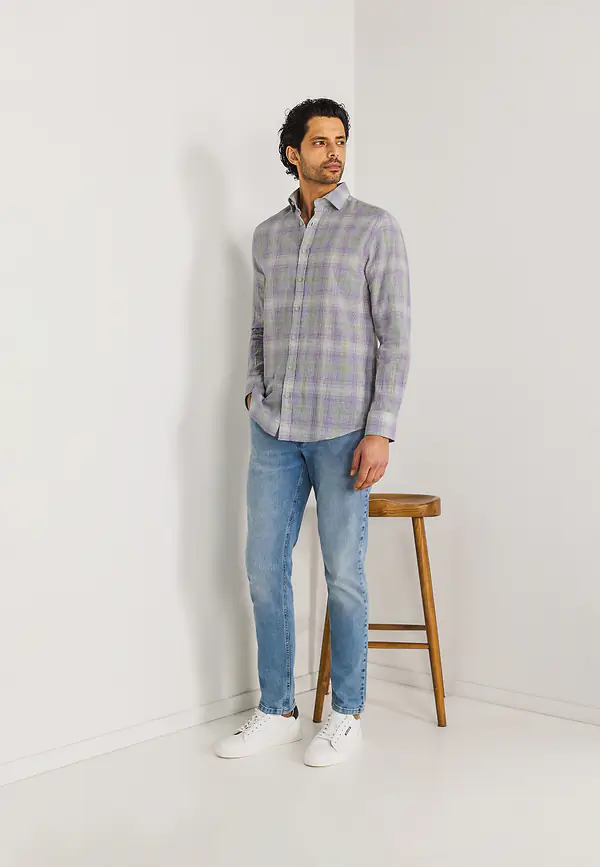 State Of Art Geruit Overhemd Met Linnen Wit/violet