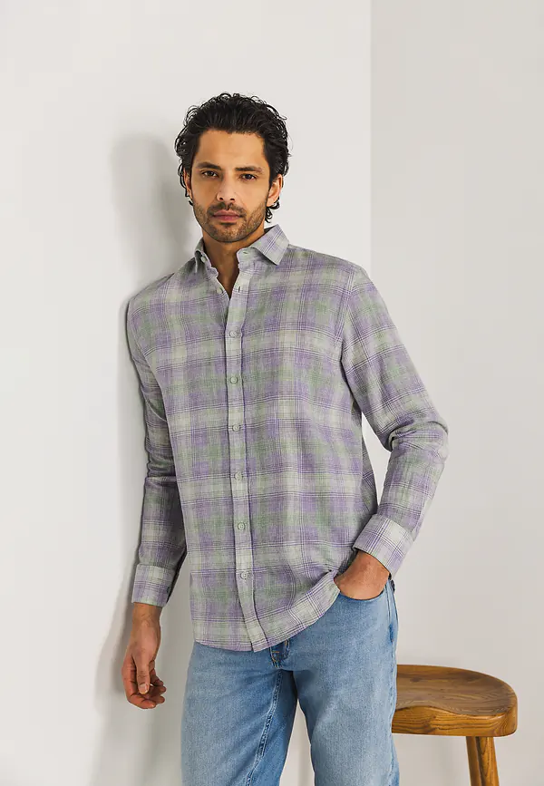 state of art Geruit overhemd met linnen wit/violet