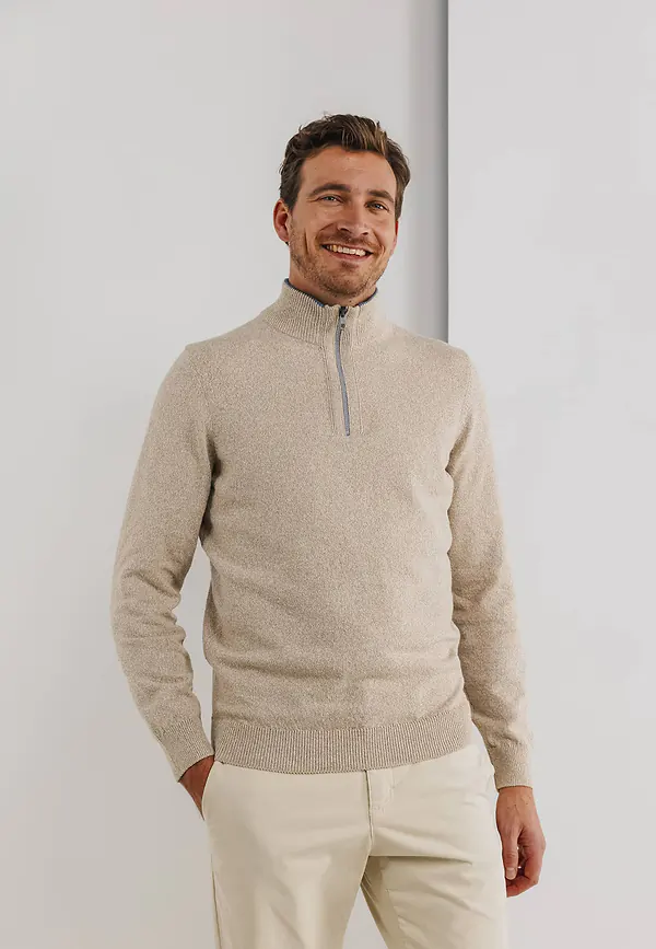 state of art Mouliné trui met halve rits beige/wit