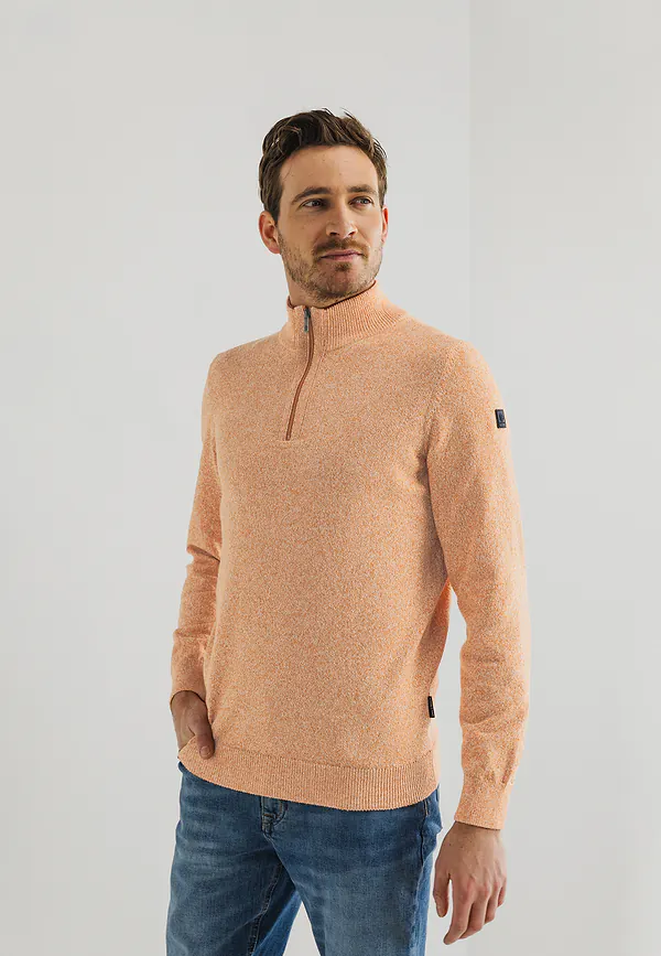 state of art Mouliné trui met halve rits mango/wit