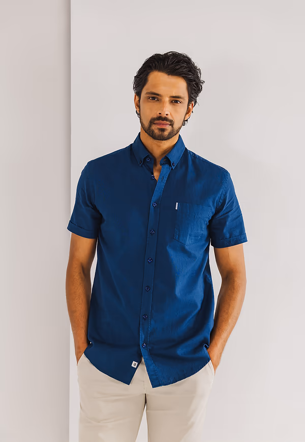state of art Overhemd met linnenlook kobalt uni