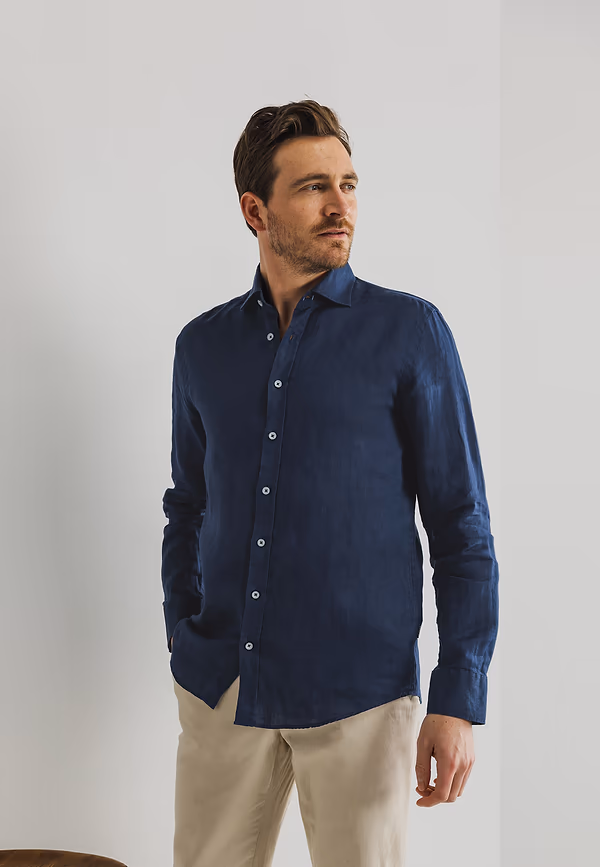 state of art Overhemd van linnen donkerblauw uni