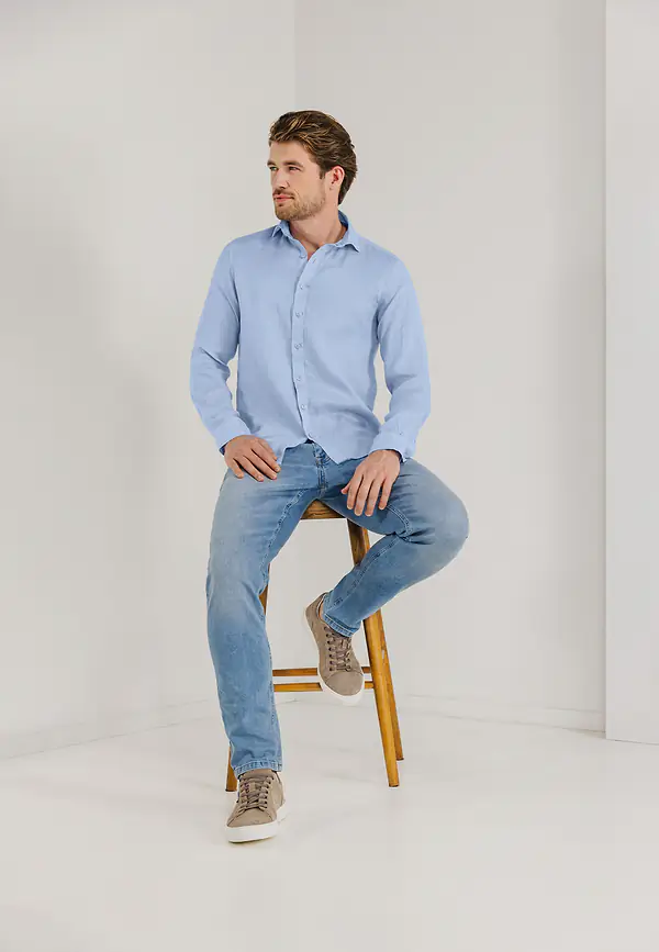 State Of Art Overhemd Van Linnen Middenblauw Uni