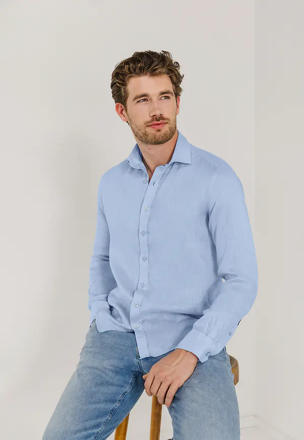 state of art Overhemd van linnen middenblauw uni