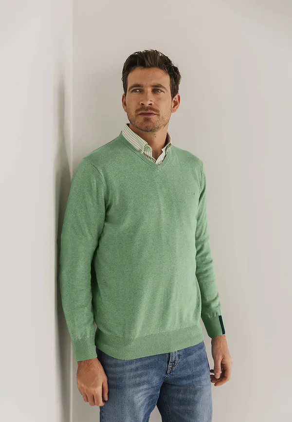 state of art V-hals trui van katoen bladgroen uni