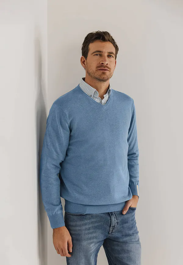 state of art V-hals trui van katoen grijsblauw uni