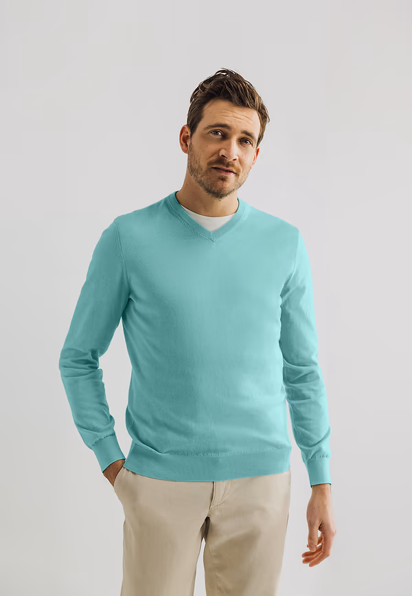 state of art V-hals trui van katoen mintblauw uni