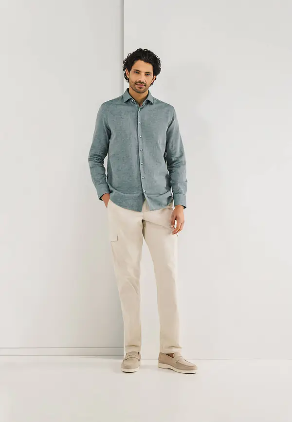 State Of Art Structuur Overhemd Met Biologisch Katoen En Linnen Petrol/wit
