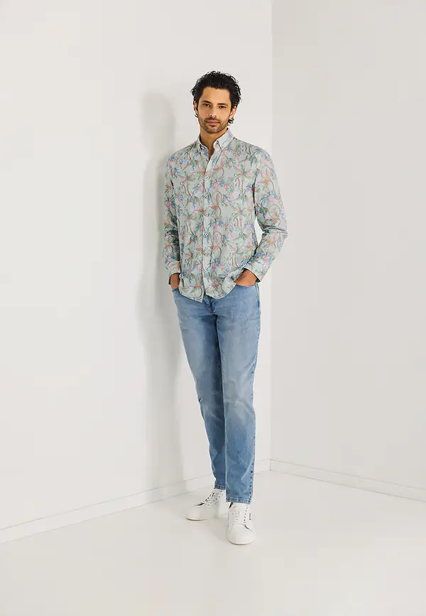 State Of Art Structuur Overhemd Van Biologisch Katoen Petrol/wit