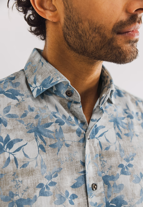 State Of Art Structuur Overhemd Van Katoen Beige/grijsblauw