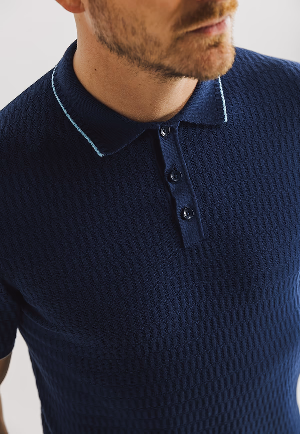State Of Art Structuurgebreide Polo Van Katoen Donkerblauw Uni