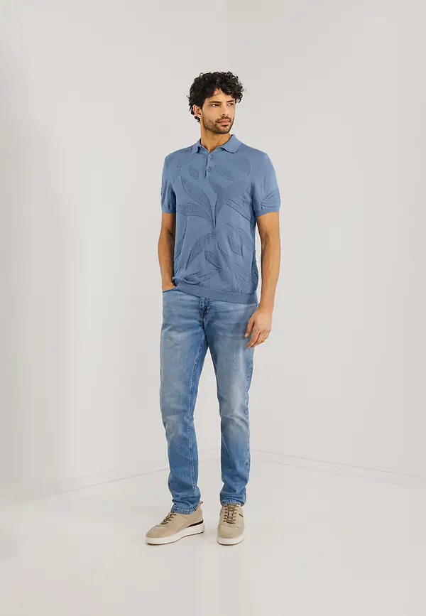 State Of Art Structuurgebreide Polo Van Katoen Grijsblauw Uni