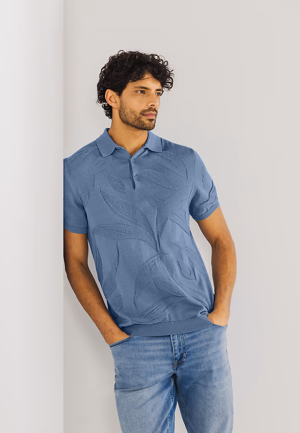 state of art Structuurgebreide polo van katoen grijsblauw uni