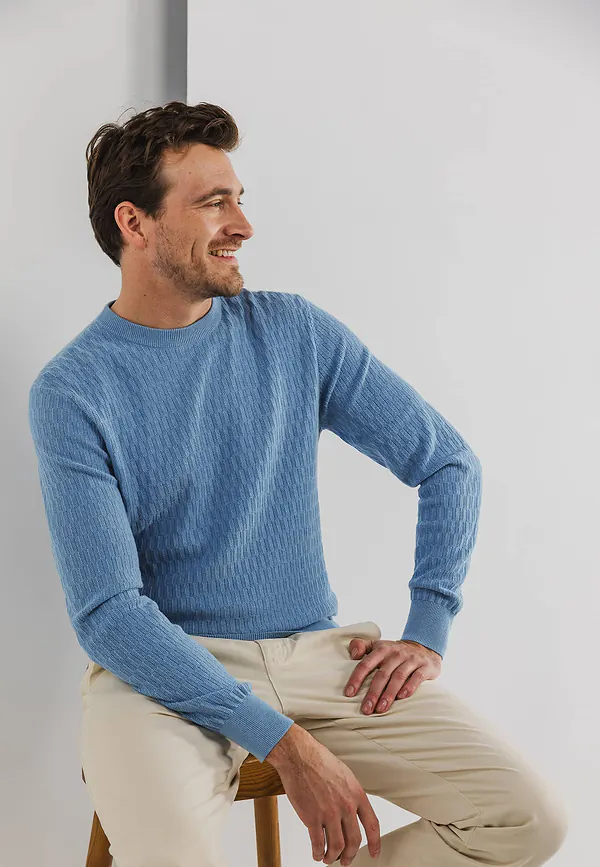 state of art Structuurgebreide trui met ronde hals grijsblauw uni