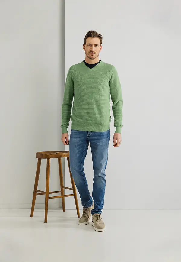 state of art Structuurgebreide trui met V-hals bladgroen uni