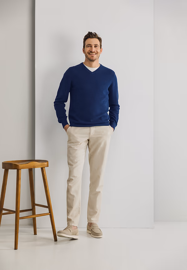 State Of Art Structuurgebreide Trui Met V-hals Kobalt Uni