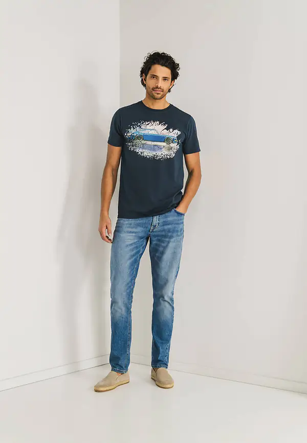 State Of Art T-shirt Met Digitale Print Op De Borst Donkerblauw Uni