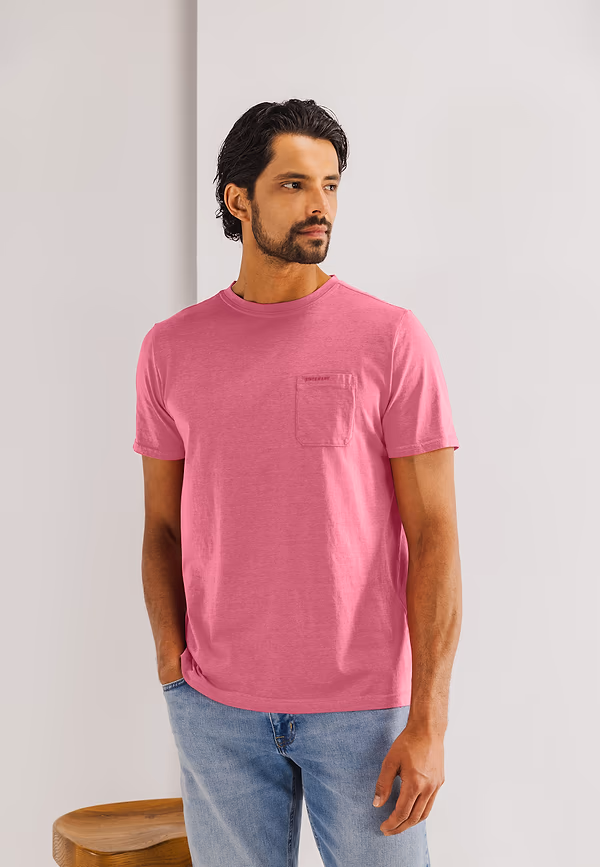 state of art T-shirt met fijne streep en borstzak flamingo/flamingo