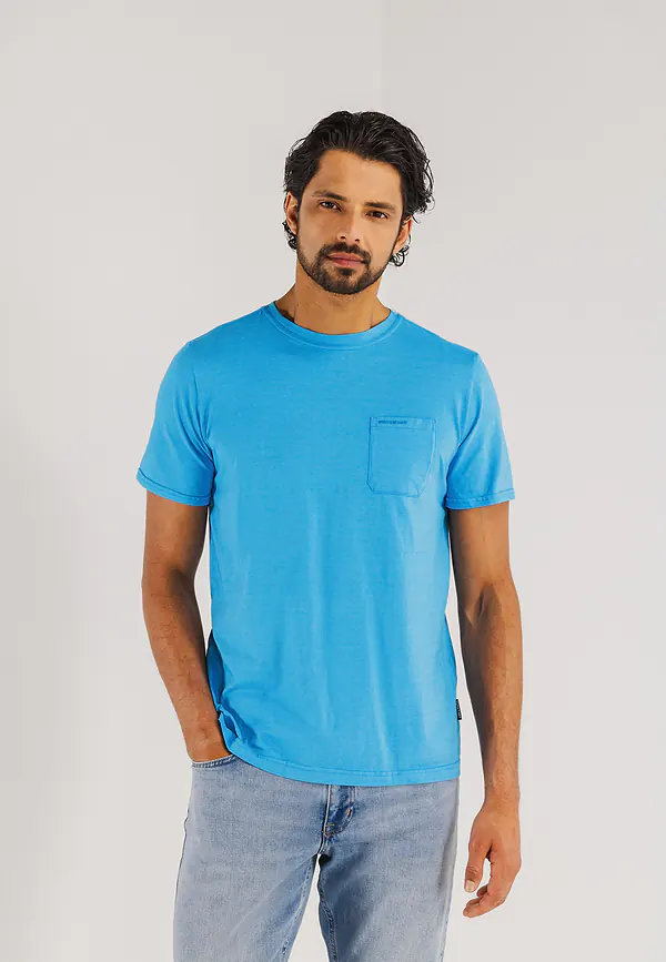 state of art T-shirt met fijne streep en borstzak middenblauw/middenblauw