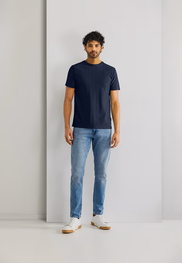 State Of Art T-shirt Met Visgraatpatroon Donkerblauw Uni