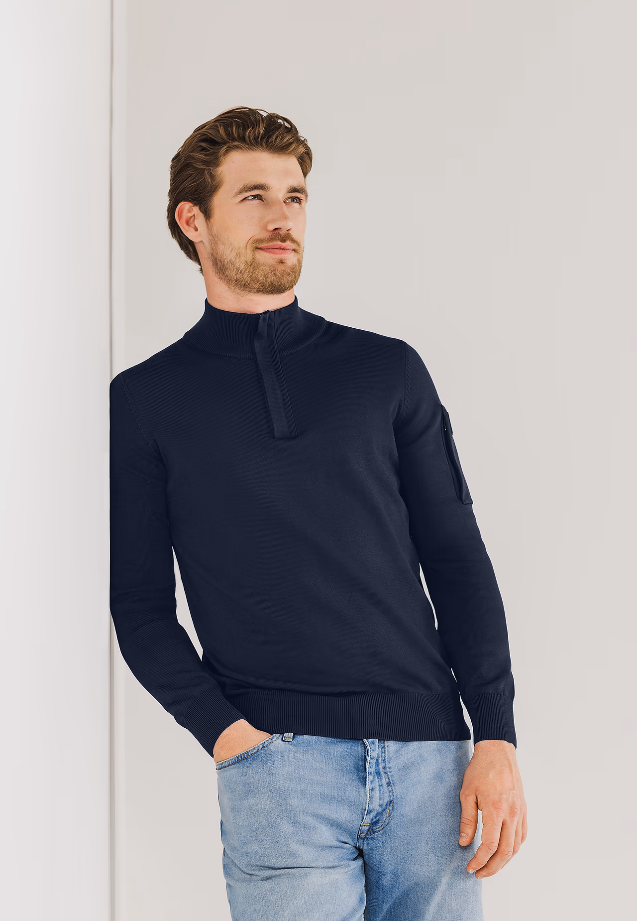 state of art Trui met verborgen halve rits donkerblauw uni