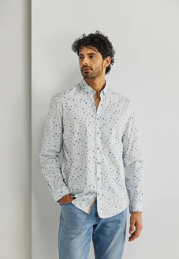 state of art Twill overhemd met abstract patroon wit/mintblauw