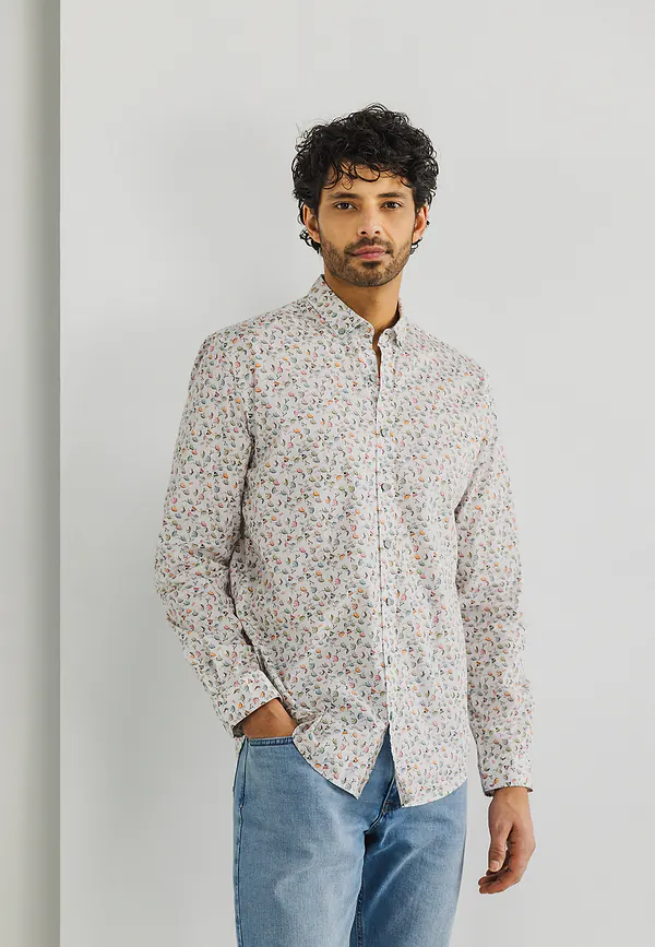state of art Twill overhemd met bloemenpatroon wit/bladgroen