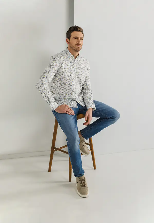 State Of Art Twill Overhemd Met Bloemenpatroon Wit/grijsblauw