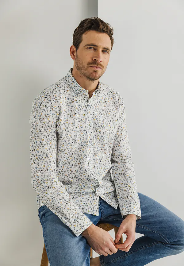 state of art Twill overhemd met bloemenpatroon wit/grijsblauw