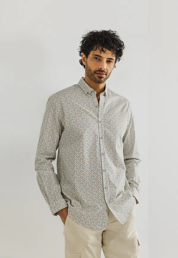 state of art Twill overhemd met geometrisch patroon wit/beige