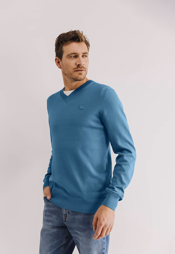 state of art V-hals trui van een viscose-mix grijsblauw uni